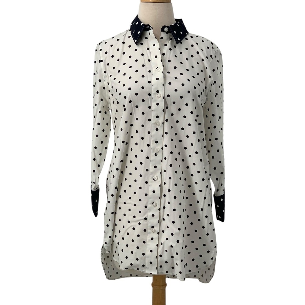 Chico's No Iron Chic Stretch Button Down Tunic Navy/Whtie Polka Dot Size 1/Med